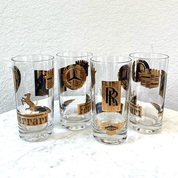 Set of 4 Vintage Luxury Automotive Glasses – Gold Emblem Collection - Picture 2 of 7